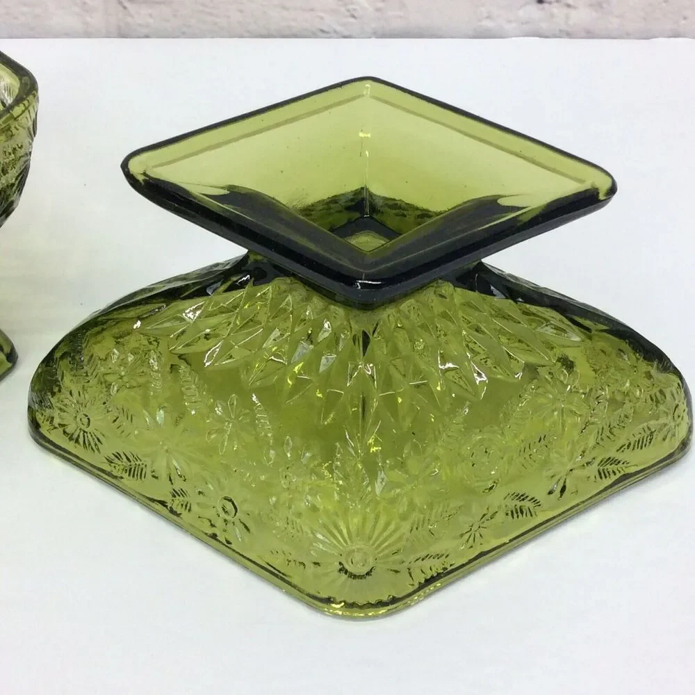 Vintage Indiana Glass Olive Green Diamond Shape Pedestal Candy Dish Bowl Set 2